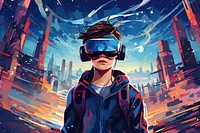 Kid with vr in future city in the style of graphic novel cartoon architecture sunglasses.