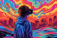 Kid with vr in future city in the style of graphic novel painting art cartoon.