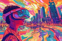 Kid with vr in future city in the style of graphic novel painting art graphics.