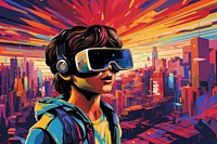 Kid with vr in future city in the style of graphic novel art cartoon poster.