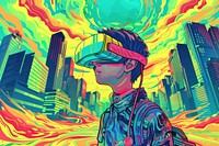 Kid with vr in future city in the style of graphic novel art painting graphics.