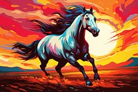 Horse running in field at sunset in the style of graphic novel horse stallion outdoors.