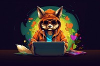 Happy fox in hipster clothes working on laptop in the style of graphic novel computer glasses cartoon.