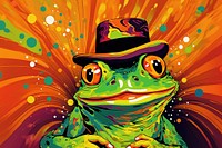 Happy frog smiling wearing hat birthday in the style of graphic novel amphibian cartoon animal.