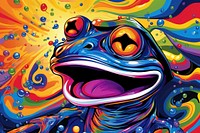 Happy frog smiling wearing hat birthday in the style of graphic novel painting art graphics.