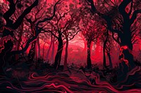 Illustration Mysterious red forest horror dark night landscape outdoors painting.