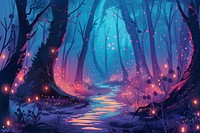 Illustration Mystical magical forest at night with glowing lights outdoors graphics nature.