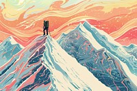 Illustration Mountaineer standing on top of snowy mountain range painting art outdoors.
