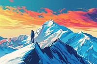 Illustration Mountaineer standing on top of snowy mountain range landscape outdoors cartoon.