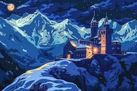 Illustration Old historic medieval fantasy castle in snow covered dark mountains at night architecture building outdoors.