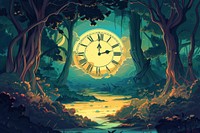 Illustration A big clock deep in the forest outdoors painting cartoon.