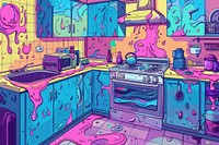 Illustration A very messy and dirty kitchen cartoon purple architecture.