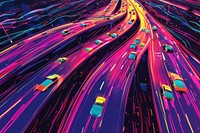 Illustration Aerial view of Road Traffic jam on multiple lane highway with speed light trail from car road backgrounds traffic.