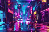 Illustration Cyberpunk neon city street at night car architecture nightlife.