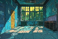 Illustration Classroom in an abandoned school cartoon deterioration architecture.