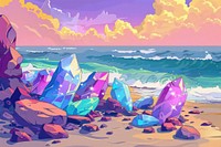 Illustration Colorful gemstones on a beach outdoors painting cartoon.