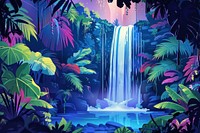 Illustration Colorful waterfall in fantasy in jungle vegetation outdoors flowing.