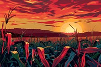 Illustration Corn field during sunset landscape outdoors cartoon.