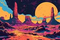 Illustration desert planet with strange rock formations mountain outdoors cartoon.