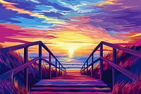 Illustration footbridge to the beach at sunrise painting landscape outdoors.