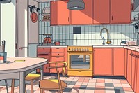 Illustration Scandinavian classic kitchen furniture appliance cartoon.