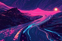 Illustration Trails of light left by acceleration speed motion on night road mountain nature purple.