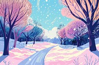 Illustration winter view with trees and snow landscape outdoors painting.