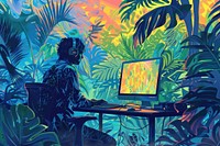 Illustration Worker co with computer on table in jungle painting art nature.