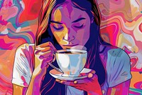 Illustration young woman enjoying a cappuccino in a coffee shop painting cartoon adult.