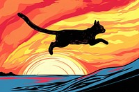 Jumping cat shot on clear sky in the style of graphic novel outdoors cartoon nature.