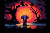 Lonely elephant siting on tree in the style of graphic novel outdoors painting cartoon.