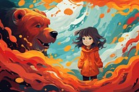 Little girl and bear in the style of graphic novel painting cartoon anime.