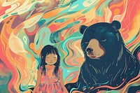Little girl and bear in the style of graphic novel painting cartoon mammal.