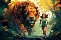 Lion and woman running on a street in forest in the style of graphic novel cartoon mammal plant.