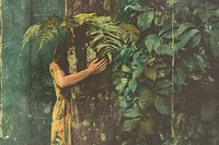 Retro collage of Nature lover hugging trunk tree with green musk in tropical woods forest nature outdoors plant.
