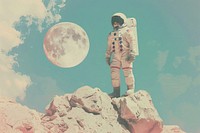 Retro collage of Astronaut on the new planet astronomy astronaut outdoors.