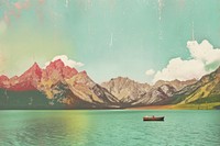 Retro collage of lake with mountain range landscape panoramic outdoors.