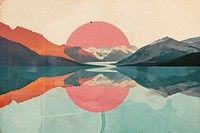 Retro collage of lake with mountain range outdoors painting nature.
