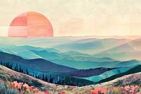 Retro collage of panorama of morning wild nature high in mountains landscape outdoors painting.