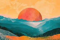 Retro collage of panorama of morning wild nature high in mountains landscape outdoors sky.