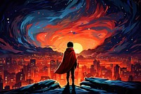 Superhero kid with red cape standing in the city at night cartoon adult architecture.