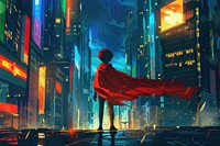 Superhero kid with red cape standing in the city at night cartoon architecture illuminated.