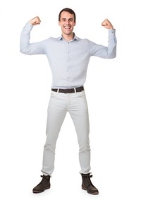 Happy man fist posing standing sleeve shirt.