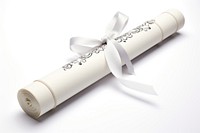 Diploma paper rolled ribbon text white background.