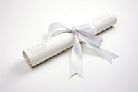 Diploma paper rolled ribbon white white background.