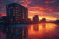 Modern luxury apartments sunset architecture waterfront.