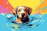 Puppy in swimming pool play with fun - jumping in the style of graphic novel cartoon animal mammal.