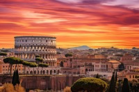 Rome colosseum landmark sunset.