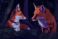 Raven and fox in a dark forest looking at the watch in the style of graphic novel wildlife cartoon animal.