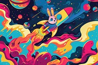 Rabbit Explorer on the Rocket in the style of graphic novel painting graphics cartoon.